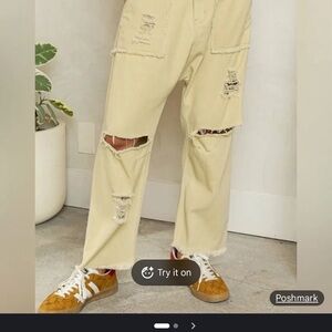 POL Cream Distressed Ankle Jeans